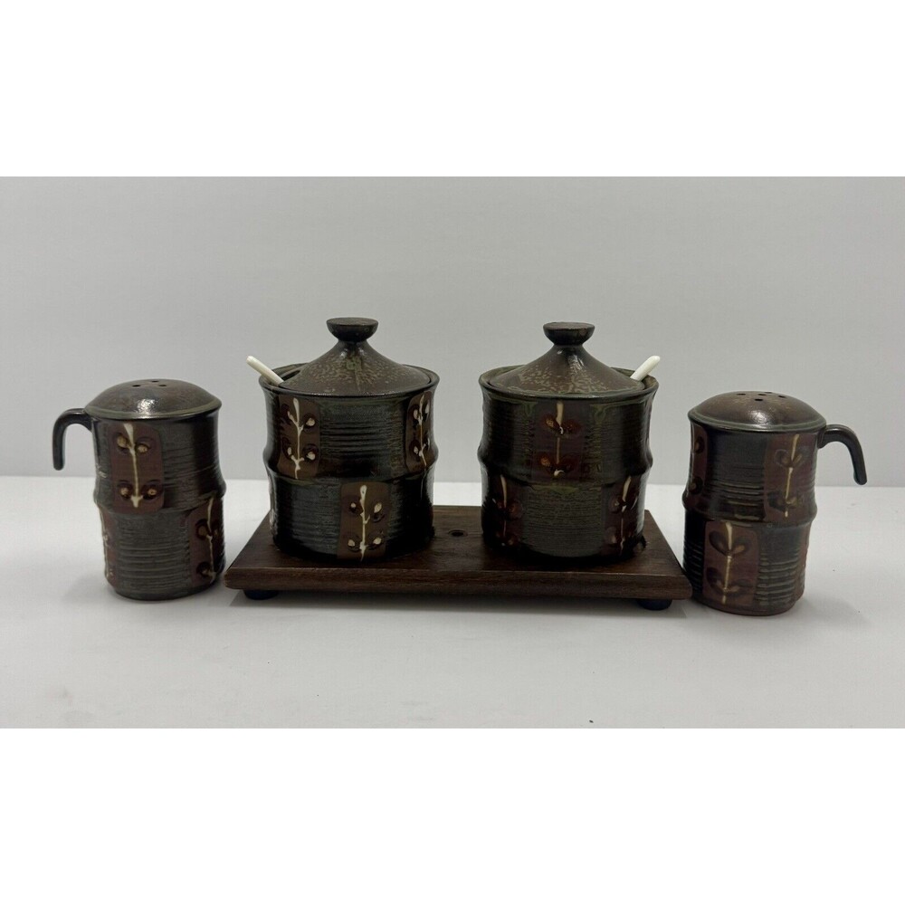 Japan Art Pottery Salt Pepper, 2 Jam Jars W/ Spoons MCM Boho Wood Pedestal Raku